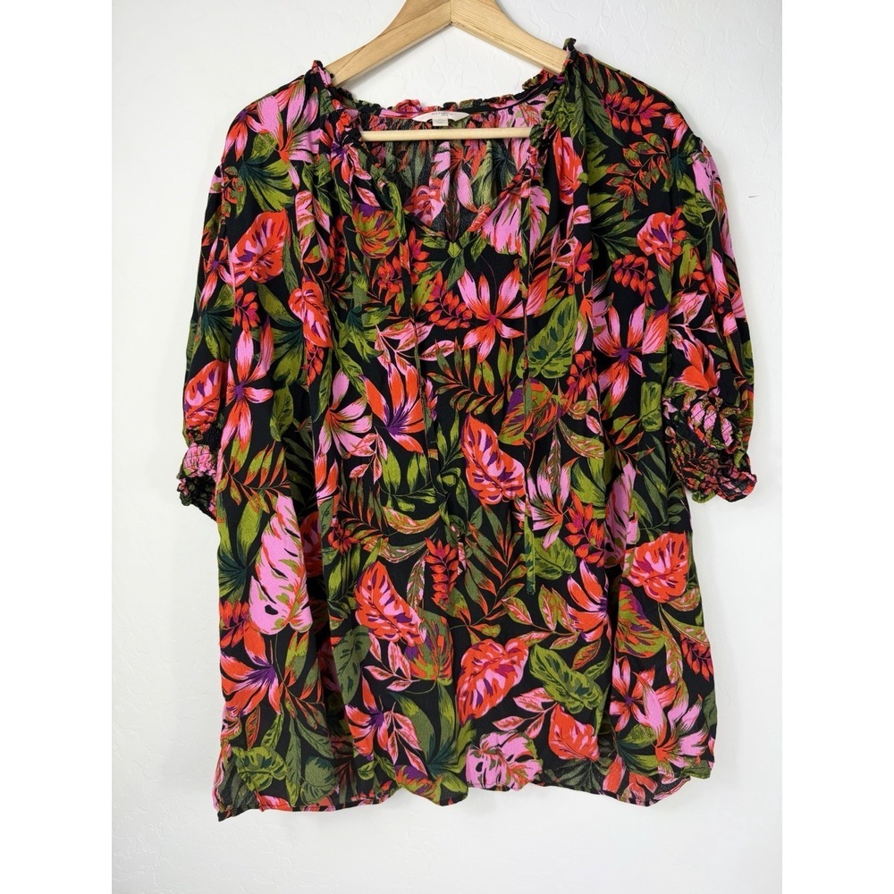 Terra & Sky Womens 3X Tropical Floral Peasant Blouse Black Pink Rayon Boho Top